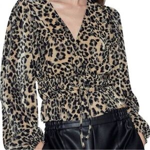 Zara Leopard Blouse Small Beige Black Animal Print Pleated Plisse Bow Trendy